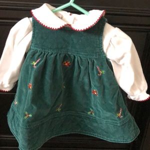Green velvet dress with white onesie